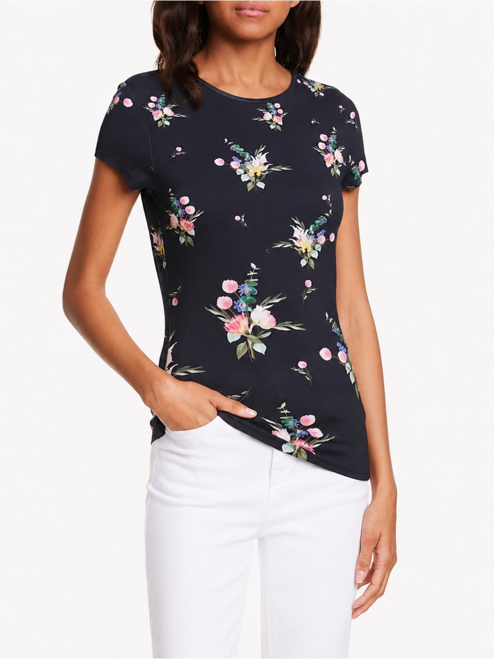 Ted Baker Sayyna Floral Tee Top Small 2 Black Pink Crew Short Sleeve Feminine
